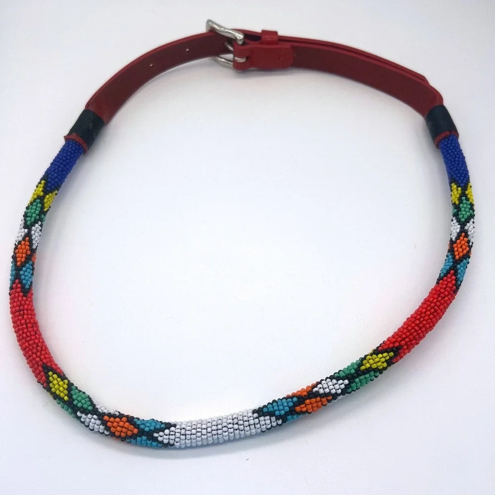 AL&C Beaded Leather Belt USA Vintage Medium Red Multicolor 1463 Native Southwest